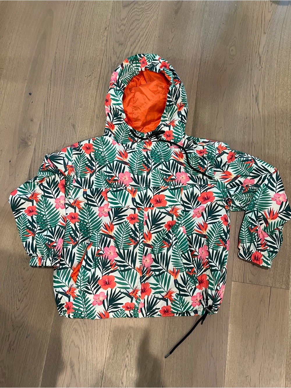 Blank NYC Kids Tropical Floral Hooded Raincoat - Green/Orange/Pink